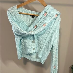 Embroidered Pink Flowers on Light Blue Cardigan